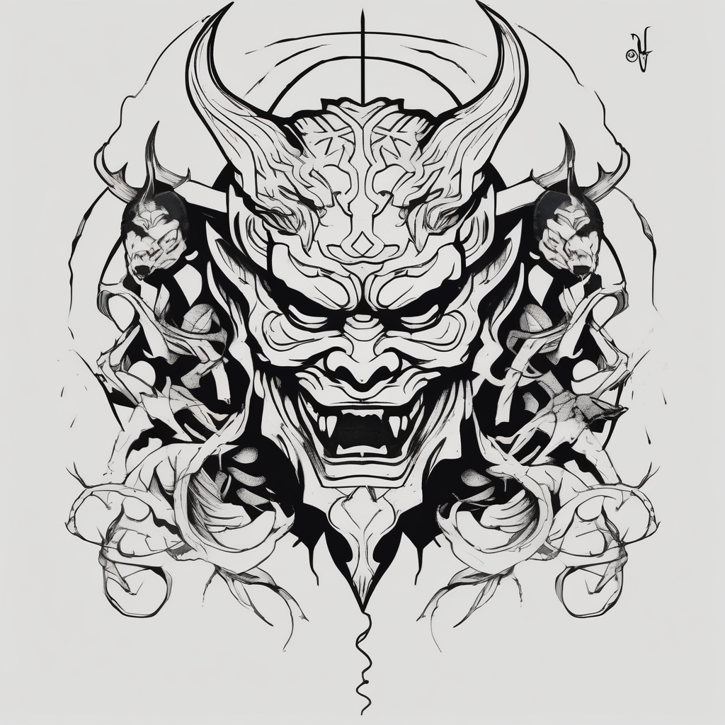Back Tattoo with An Oni With a broken mask and a Sword, Dragons & snakes street life tattoo ideas, AI-generated Minimalist tattoo design